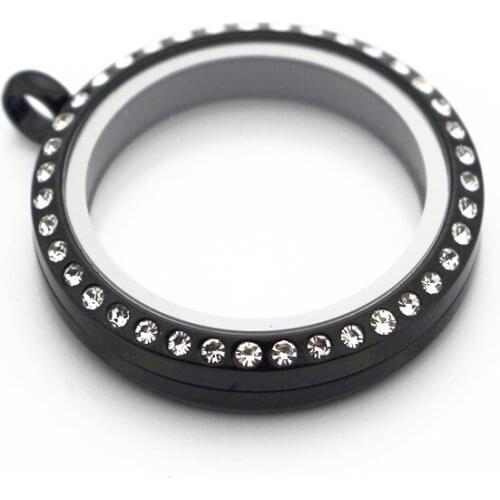 Hot Sale 5pcs/lot 30mm 316L Stainless Steel Black Twist Living Glass Rhinestone Floating Locket Pendant Necklace DIY Jewelry