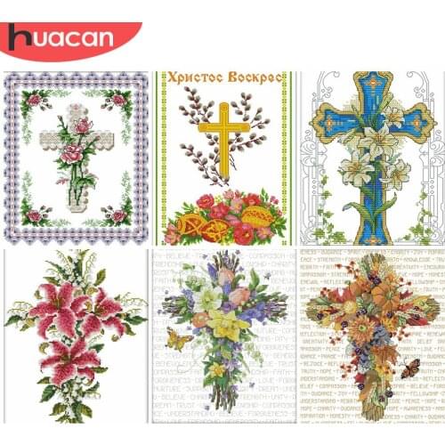 HUACAN Embroidery Flower Sets White Canvas Home Decoration Needlework Cross Stitch Religion Kits 11CT 14CT DIY Gift
