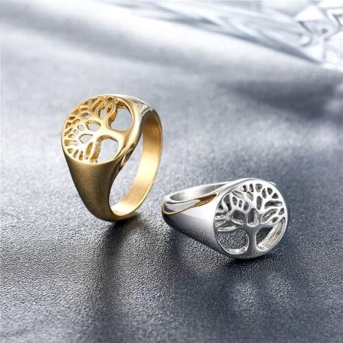 Classic Gold/Silver Color 316L Stainless Steel Tree of Life Ring Punk Hollow Design Mens Viking Amulet Ring Jewelry