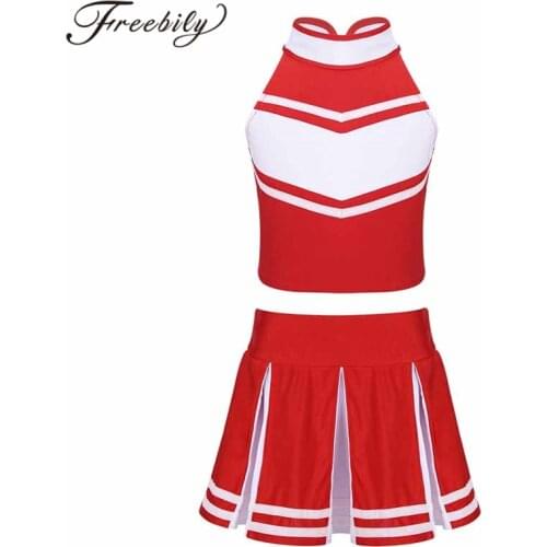 2PCS Kids Girls Sports Cheerleading Uniforms Kid Cosplay Cheerleader Costume Outfit Sleeveless Zippered Tops + Pleated Skirt Set