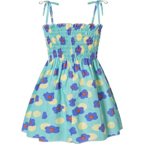 Toddler Girls Summer Smocked Dress Cute Sleeveless Floral Print A-line Beach Dress Girls Casual Dresses