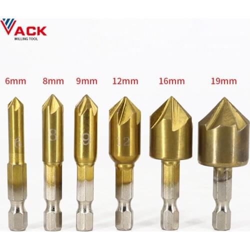 VACK 3Pcs 6Pcs HSS 1/4" Hex Shank Chamfer Countersink Chamfer Drill Bit 90 Degree Wood Chamfering Cutter 6mm-19mm Metal Drills