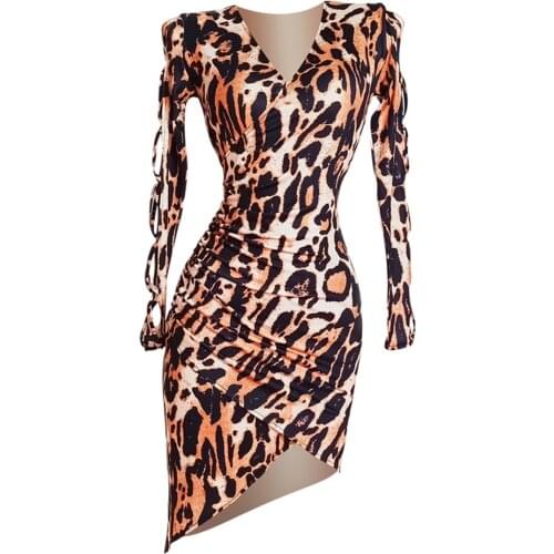 New Leopard Long Sleeve Latin Dance Dress Women Performance V Neck Modern Dance Dress Latino Dancewear