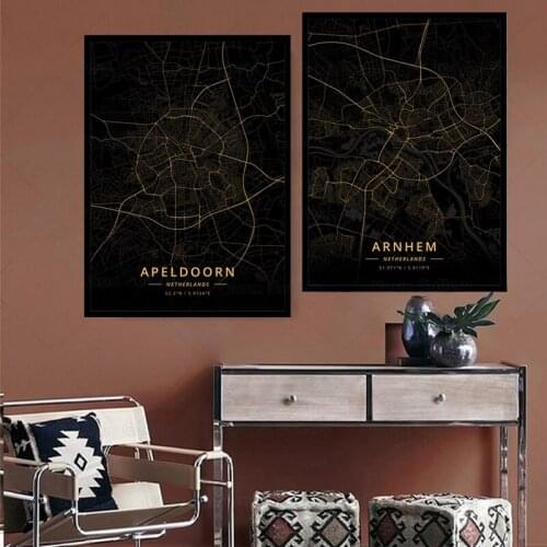 Poster Apeldoorn city Maps Arnhem city Custom Print Golden Gloss Black Gold Art Canvas Painting