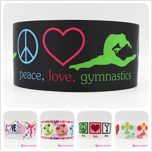 Q&N ribbon 16mm 22mm 25mm 38mm 50mm 75mm peace love gymnastics printed grosgrain ribbon webbing 50yards/roll for hair tie
