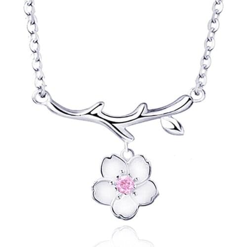 Romantic Unique Peach Blossom Branch Shape Silver Color Pendant Necklace For Women Valentines Day Elegant Jewelry Gifts
