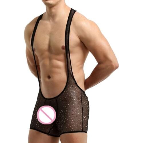 Sexy Men Bodysuits Undershirts Leotard Mankini Boxers Hollow Out Transparent Underwear Gay Jumpsuits Wrestling Singlet One-piece