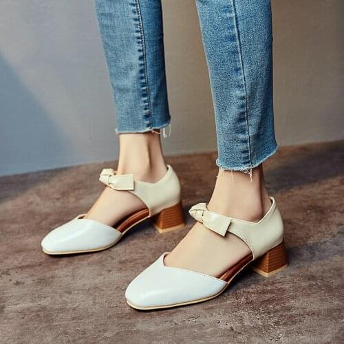 YMECHIC Fashion Lolita Bow Med Chunky Heels Knot Black White Brown Women High Heels Shoes Large Sizes Summer 2019 Pumps Woman