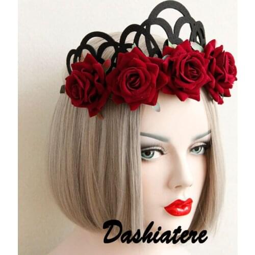 Burgundy Rose Flower Queen Crown Retro Garland Halloween Christmas Photography Headpiece Princess Accessories Hair Headdress