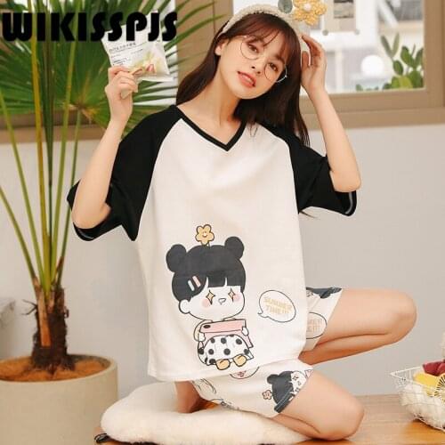 WIKISSPJS 2021 New Cotton Short Sleeve Shorts Cute Cartoon Home Suit Girl Student Round Neck Sleeve Two Piece Set Summer