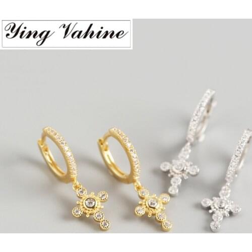 Ying Vahine New 100% 925 Sterling Silver Shiny Zircons Cross Pendant Stud Earrings for Women