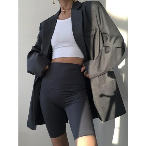 2021 Autumn Blazers Notched Collar Long Sleeve Single Breasted Jackets Suits Ladies Black Pockets Coats Loose Outerwear C017