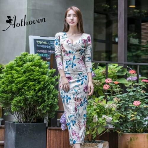 Autumn Plus Size Bodycon Pencil Dress Women Print Full Sleeve V-neck Floral Dress Office Lady Casual Club Dresses Vestidos