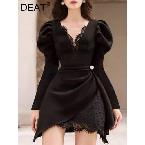 DEAT 2021 new spring and summer lantern sleeves lace patchwork pullover slim asymmetrical fashion dress female vestido WP84001L