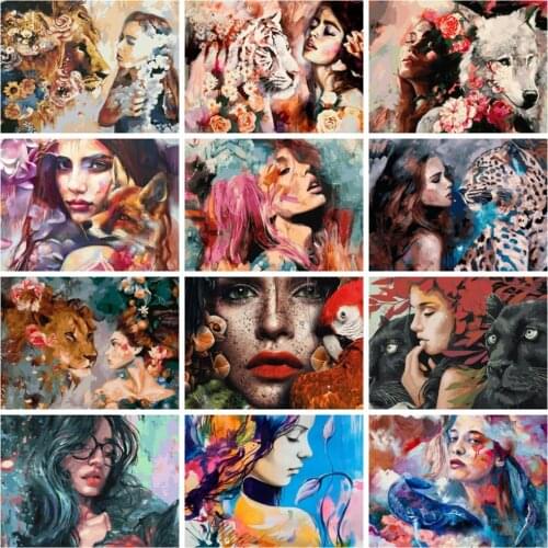 Huacan Diamond Art Painting Mosaic Woman Animal 5d Diy Diamond Embroidery Portrait Lion Tiger Home Decor Wall Stickers