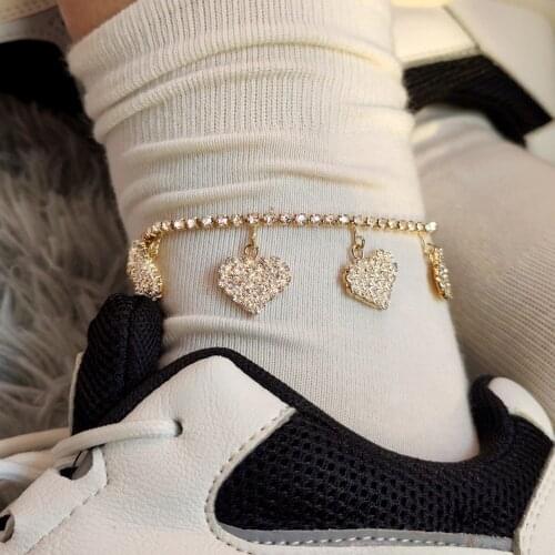 Boho Crystal Rhinestone Love Heart Charms Anklets for Women Simple Shining Tennis Chain Anklet Bracelet Beach Party Jewelry Gift