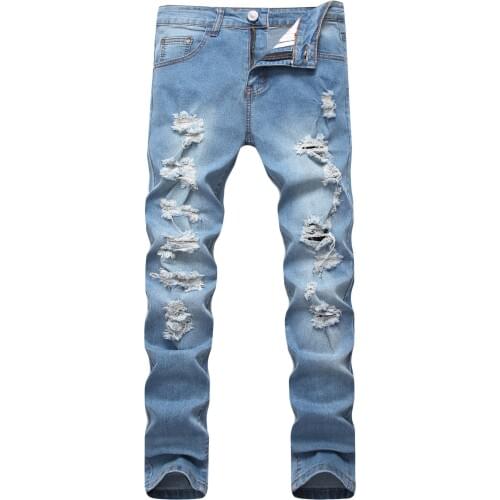 Mens Ripped Jeans 2019 Designer Pants Slim Fit Light Blue Denim Joggers Male Distressed Destroyed Trousers Button Fly Pants