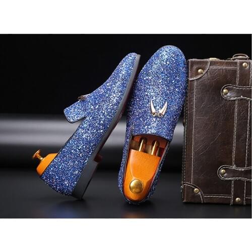 Classic chaussure homme blue bling bling leather formal shoes men tassel slip on loafers italian luxury party wedding shoes