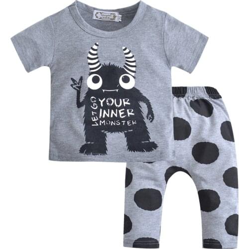 Summer Baby Boy Clothing Cartoon Short Sleeve Let go Your inner monster Letter Tops T-shirt+ Pants 2Pieces Bebe clothes set