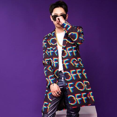 MenS Hip Hop Clothing Shaking Letter Coat Long Suit Nightclub Male DJ Fashion Stage Costume Singer Performance Outwear VDB2580