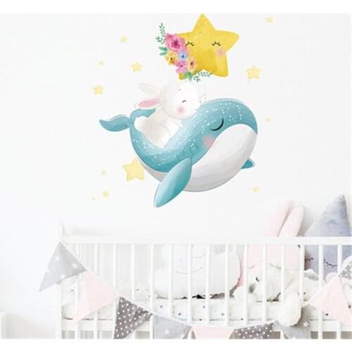 Cartoon Whale White Rabbit Stars Wall Stickers for Kids Room Bedroom Removable Self-adhesive Wallpaper Home Decor