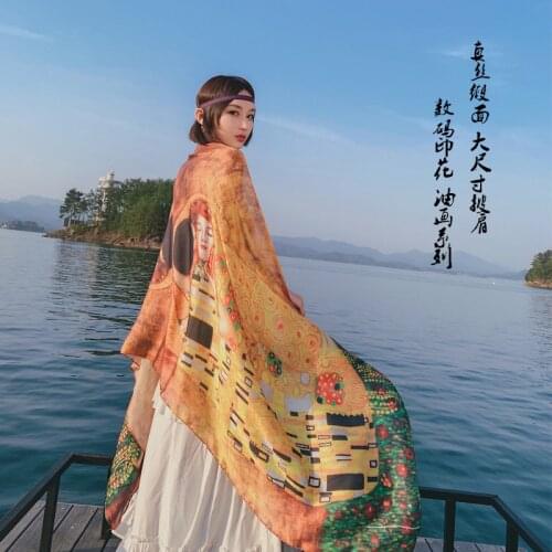 Spring and Summer New Silk Satin Digital Printing Oil Painting Large Size Silk Scarf Travel Beach Towel Shawl silk scarf women