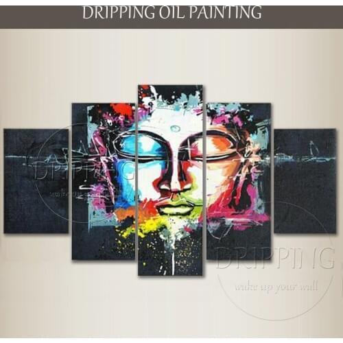 New Arrived Hand-painted Colorful Abstract Buddha Figure Oil Painting on Canvas 5 Panels Buddha Art Oil Painting for Living Room