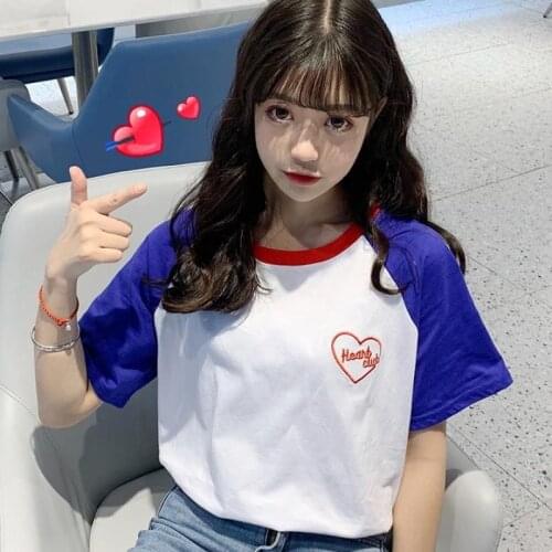 Summer pure girl students loose contrast color T-shirt female 2021 new all-match show thin short sleeve top INS tide T-shirt