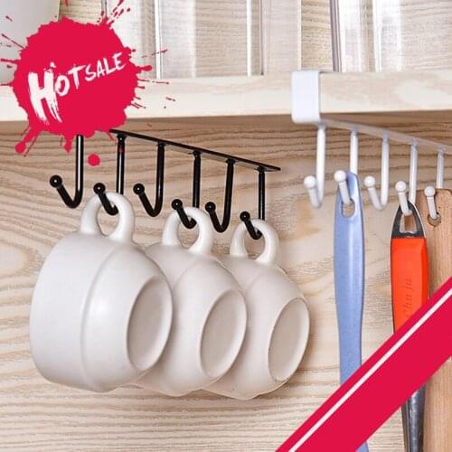 Black/White Iron 6 Hooks Cup Holder Hanging Bathroom Hanger Kitchen Organizer Cabinet Door Shelf Removed Storage Rack Home Decor