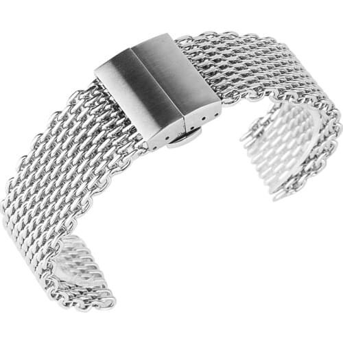 22mm Top Luxury Stainless Steel Web Mesh Watch Band Butterfly Buckle Bracelet Wrist Watchband for Men Black/Silver Replacement