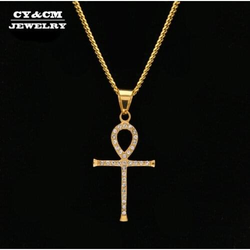 CY&CM Hip hop Jewelry Egyptian Cross Ankh CZ Key Of Life Slender Pendant Necklace Gold Color Stainless Steel Rhinestones Charm