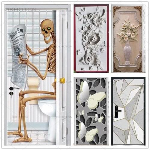 Funny Skeleton Door Stickers Vintage Flower Pattern PVC Self-adhesive Wallpaper Home Decor Murals Decal Gifts Wall Stickers