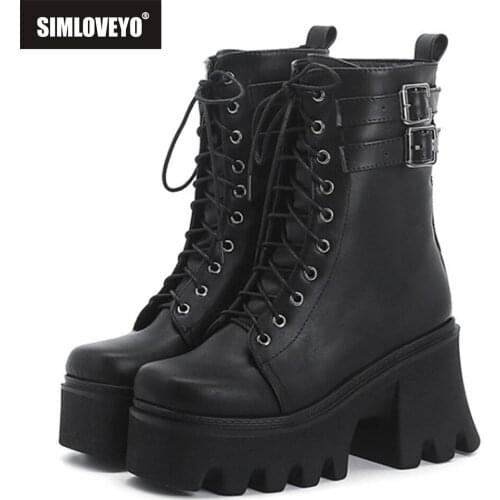 2021 Gothic Women Ankle Boots High Platform Motorcycle Lace Up Buckle Top Quality Autumn Winter Warm Chunky High Heels S2366