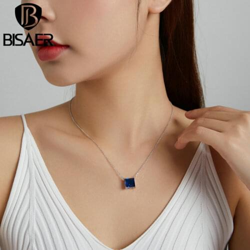 BISAER 925 Sterling Silver Plated Platinum Zircon Square Shining Stone Pendant Necklaces Dazzling Luxury Fashion Jewelry ECN456