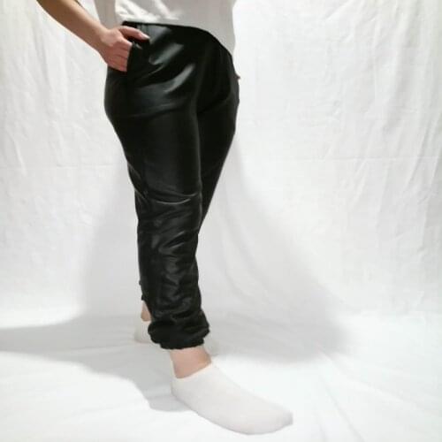 Kadın suni deri yüksek bel paçası lastikli pantolon rahat pantolon kargo Joggers streetwear pantalon