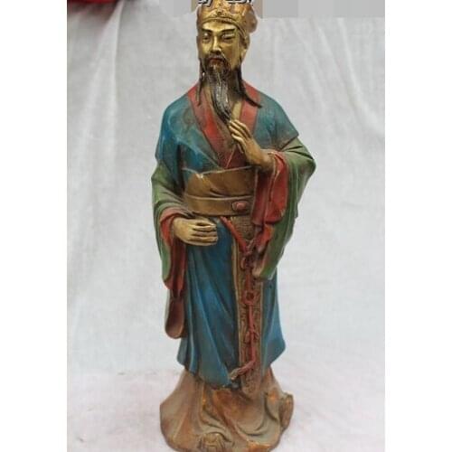 006559 13"China Chinese Buddhism Folk Old Purple Bronze strategist Zhuge Liang Statue