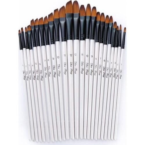12/24Pcs Peak Flat Nylon Hair Wooden Handle Oil Paint Watercolor Brush Set for Artist Watercolor Drawing Acrylic Oil Painting