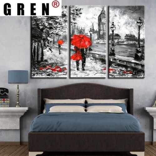 GREN Abstract 3 Pieces Canvas Paintings Posters Prints Red Umbrella Lover London Street Rain View Wall Art Pictures Home Decor