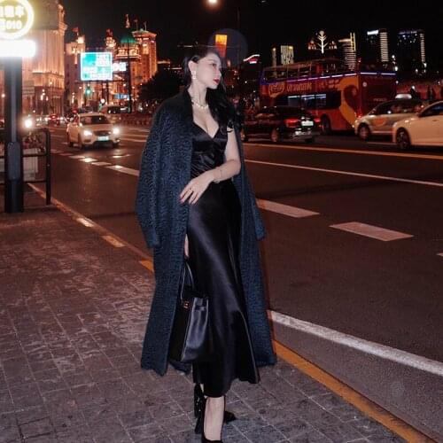 Front and Rear V-neck Black Acetate Satin Suspender Sexy Dress 2021 New Spring Temperament Long Skirt