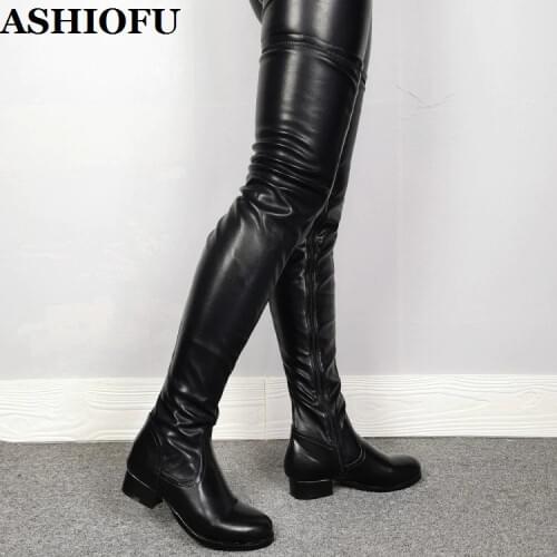 ASHIOFU 2020 New Real Pictures Womens Thigh High Boots Sexy Night-club Over Knee Boots Winter Evening Fashion Long Black Boots