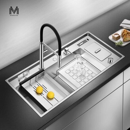 Asras10048J Large Kitchen Sink with and Faucet Knife Rest and Drain Plate Thickened 304 Stainless Steel Long Step Sink Set