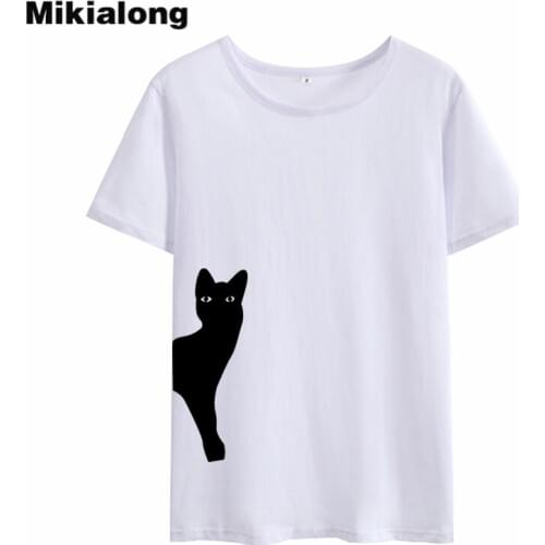Mikialong Cartoon Cat T Shirt Women Summer Graphic Tees Women Cotton Tumblr Tee Shirt Femme White Printed Tshirt Women Top