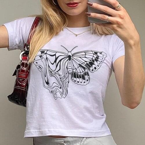 Butterfly Print T Shirt y2k White Crop Top O Neck Short Sleeve Harajuku Tee Women Casual Basic Tshirt Summer Pullovers