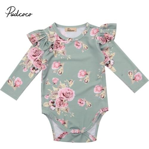 Green Flower Baby Girl Ruffles Romper Jumpsuits Newborn Toddler Baby Girls Floral Rompers Long Sleeve Outfits Kids Sunsuit 0-18M