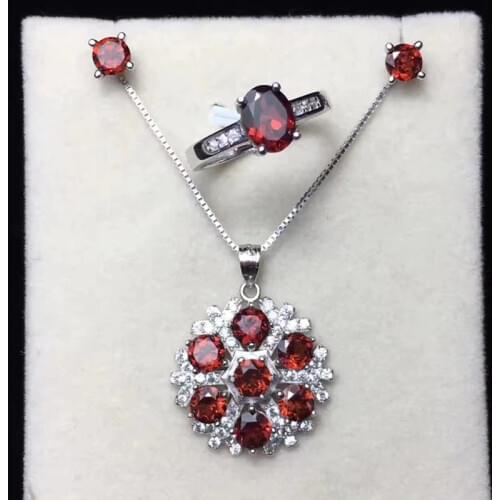 Fine Jewelry Jewelry Sets For Women Solid 925 Silver Natural Garnet Red Gemstone Ring Stud Earrings Pendants Vintage CCS002-1