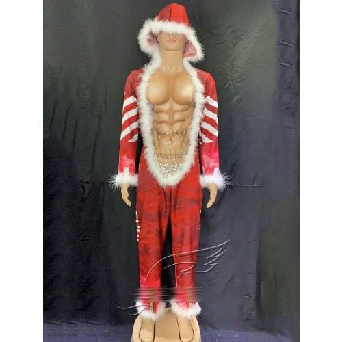 Men Jumpsuit Muscle Print Red Long One-Piece Hoodie Christmas Party Costume Modern Nightclub Santa Claus Cosplay Clothes VDB3065