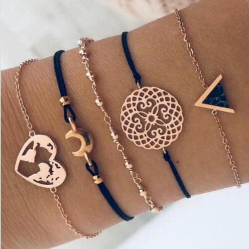Bracelet set rope metal chain moon heart world map round hollow-out flower triangle charm black glass setting gold color plated