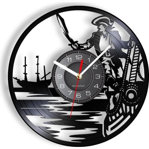 Pirate Ship Captain Wall Clock Made Of Vinyl Record Nautical Decor Retro Wall Watch Seaman Sailing Gift Boy Room Unique Horologe