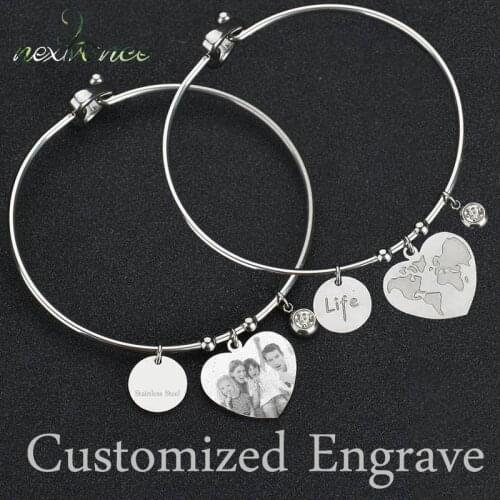 Nextvance Personalized Engrave Photo Words Bangle World Map CZ Stone Heart Pendant Bangles for Women Men Gift Unisex Jewelry