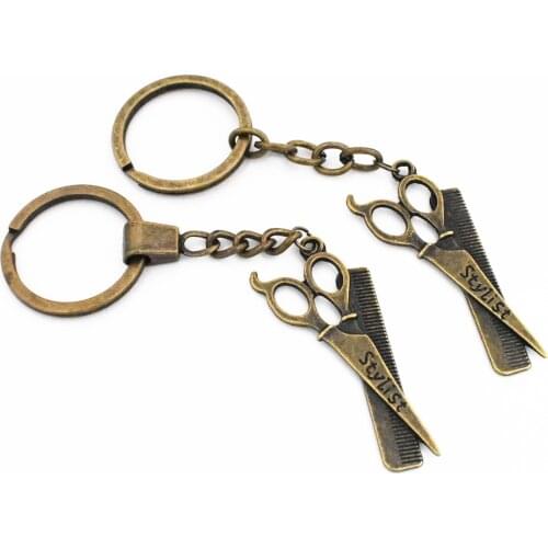 New fashion men 30mm keychain DIY metal holder chain vintage barber scissor comb stylist 24x53mm Bronze pendant Gift